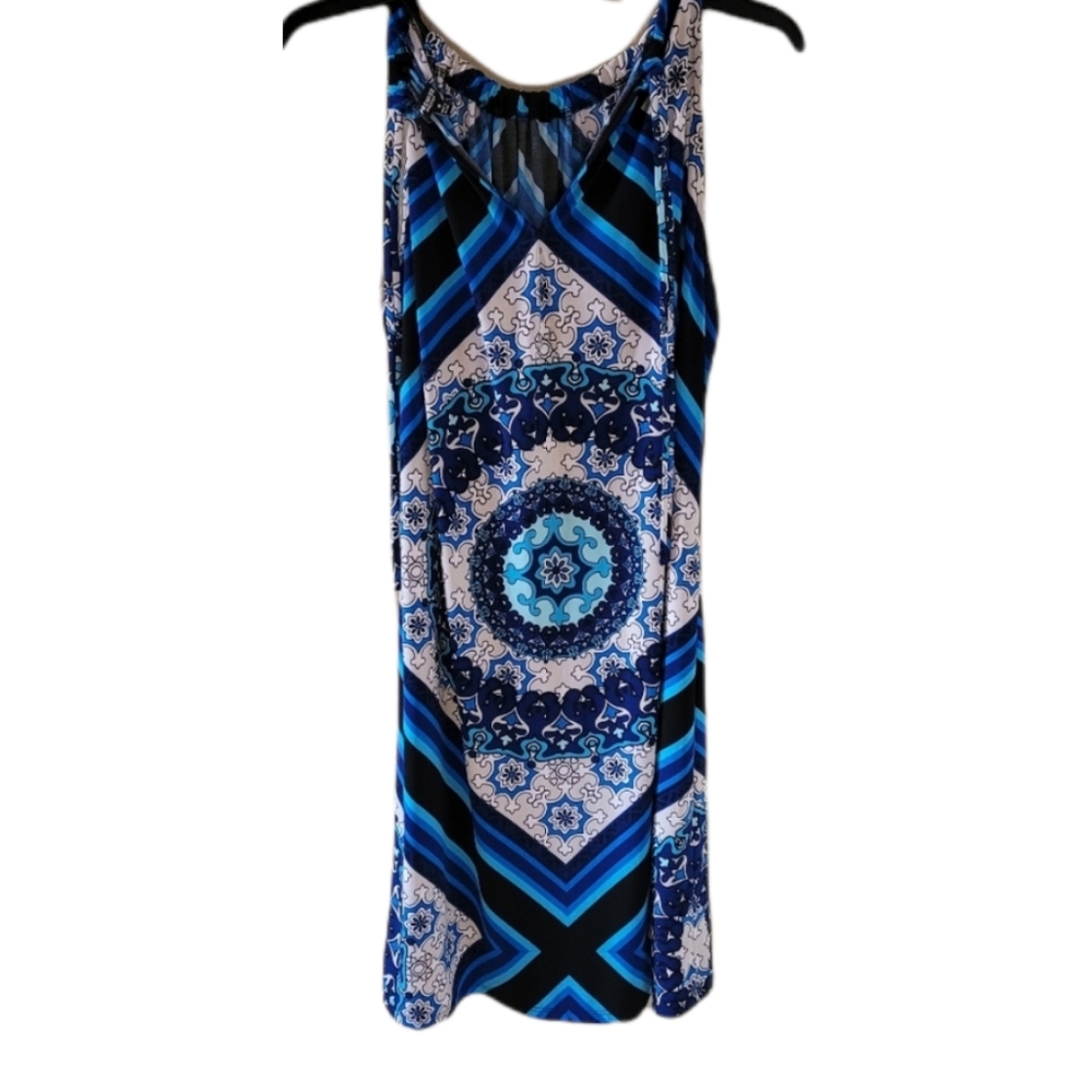 Premise blue, white, and tan sleeveless dress.